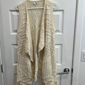 Sonoma Ladies winter white crochet with fringe long open flowy vest size L
